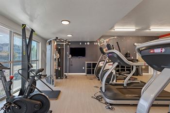 A gym with treadmills, exercise bikes and a television.